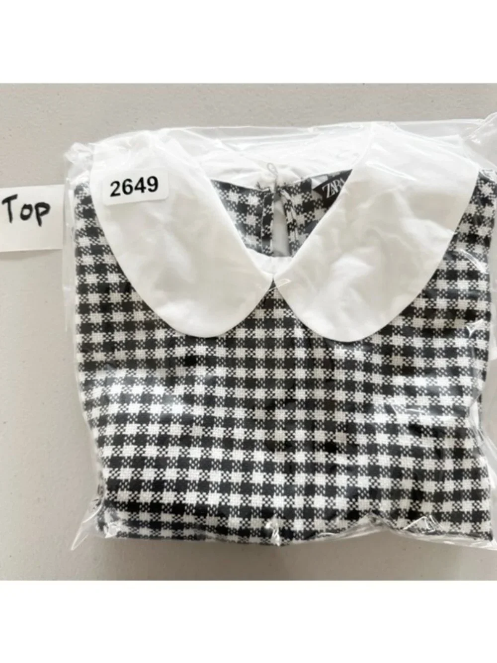 Zara Black and White Checkered Puff Sleeve shirt top w tweed fringed vest Small
